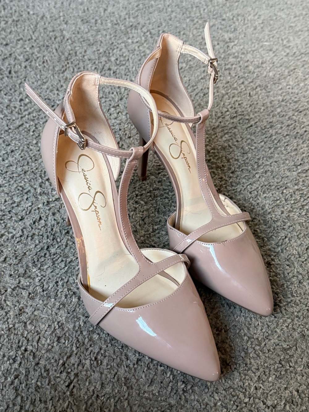 Jessica Simpson Blush Patent T-Strap Pointed-Toe Heels